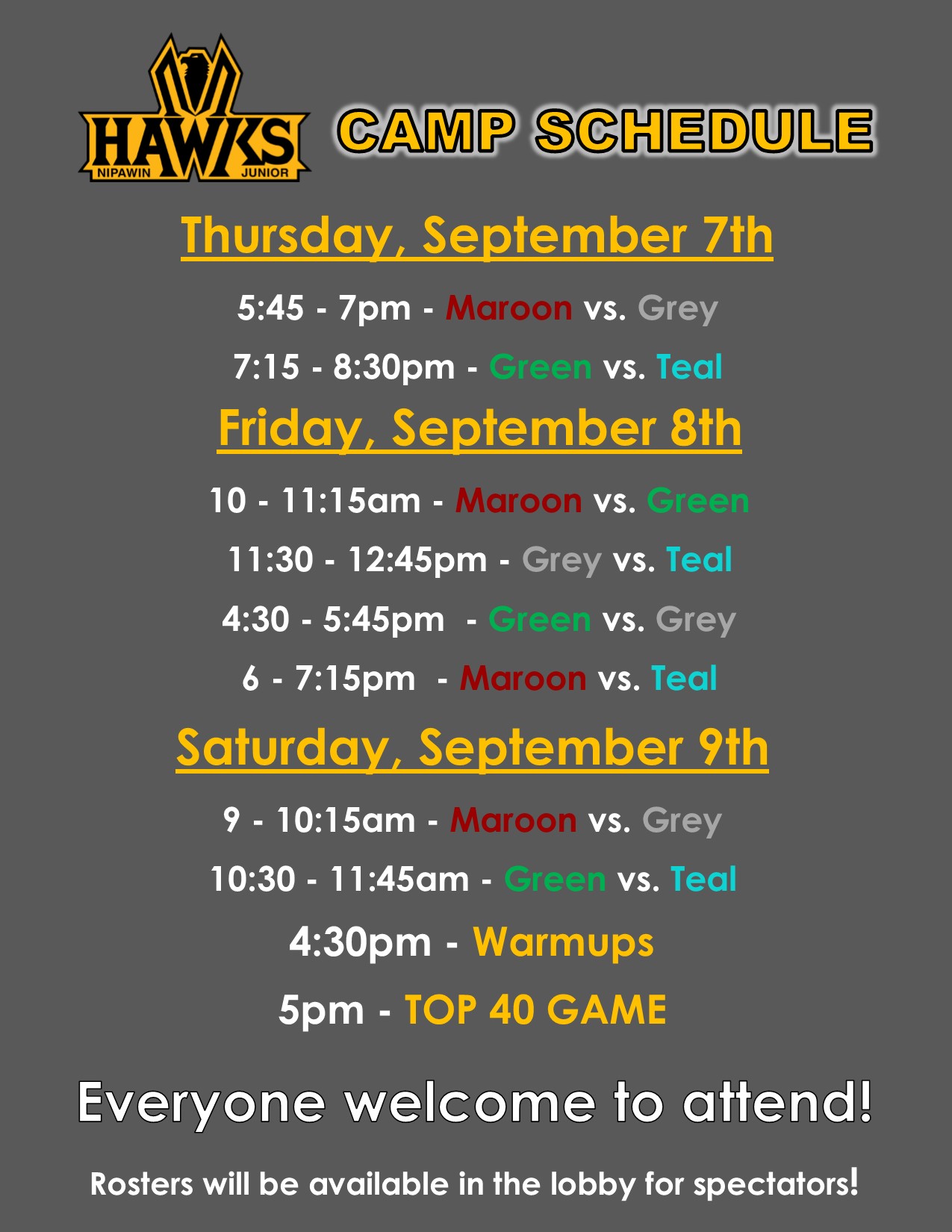 Camp Schedule starts Sept. 7th Nipawin Hawks